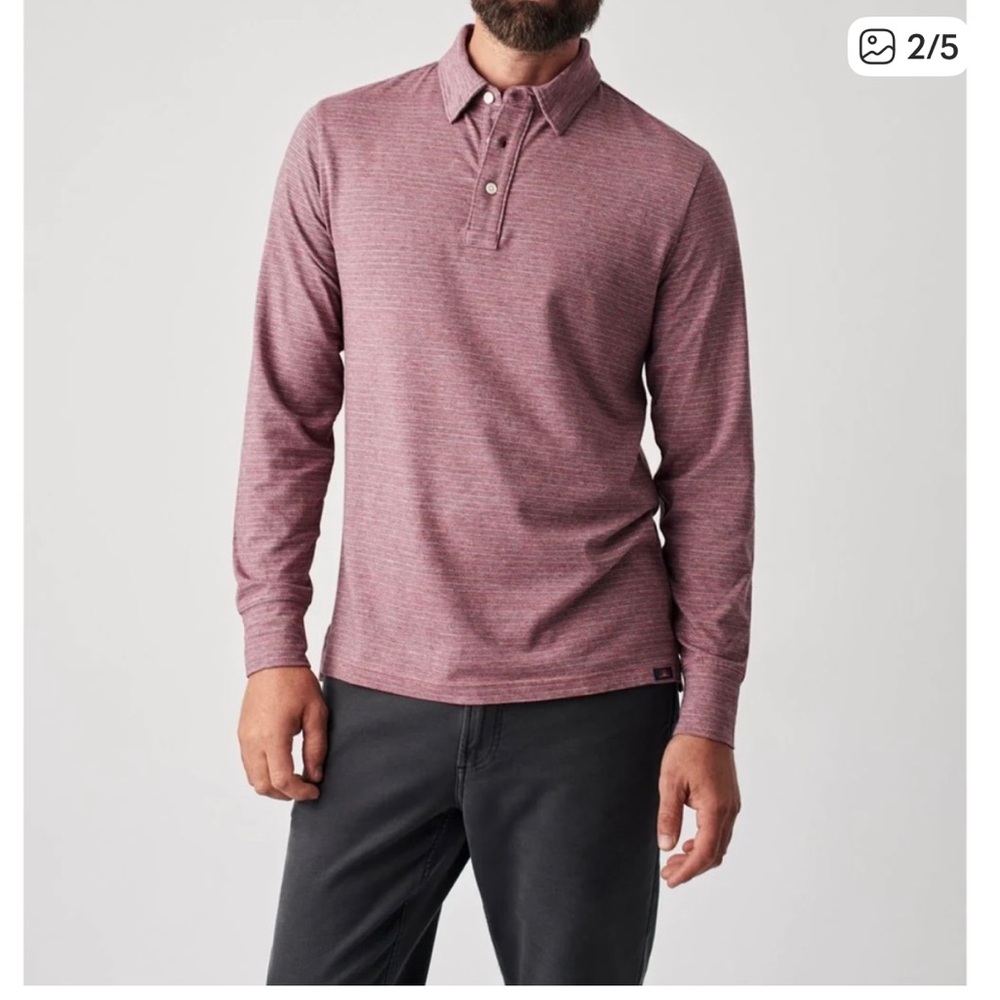 Faherty Movement Heathered Red and Navy Striped Long Sleeve Polo Shirt Size L